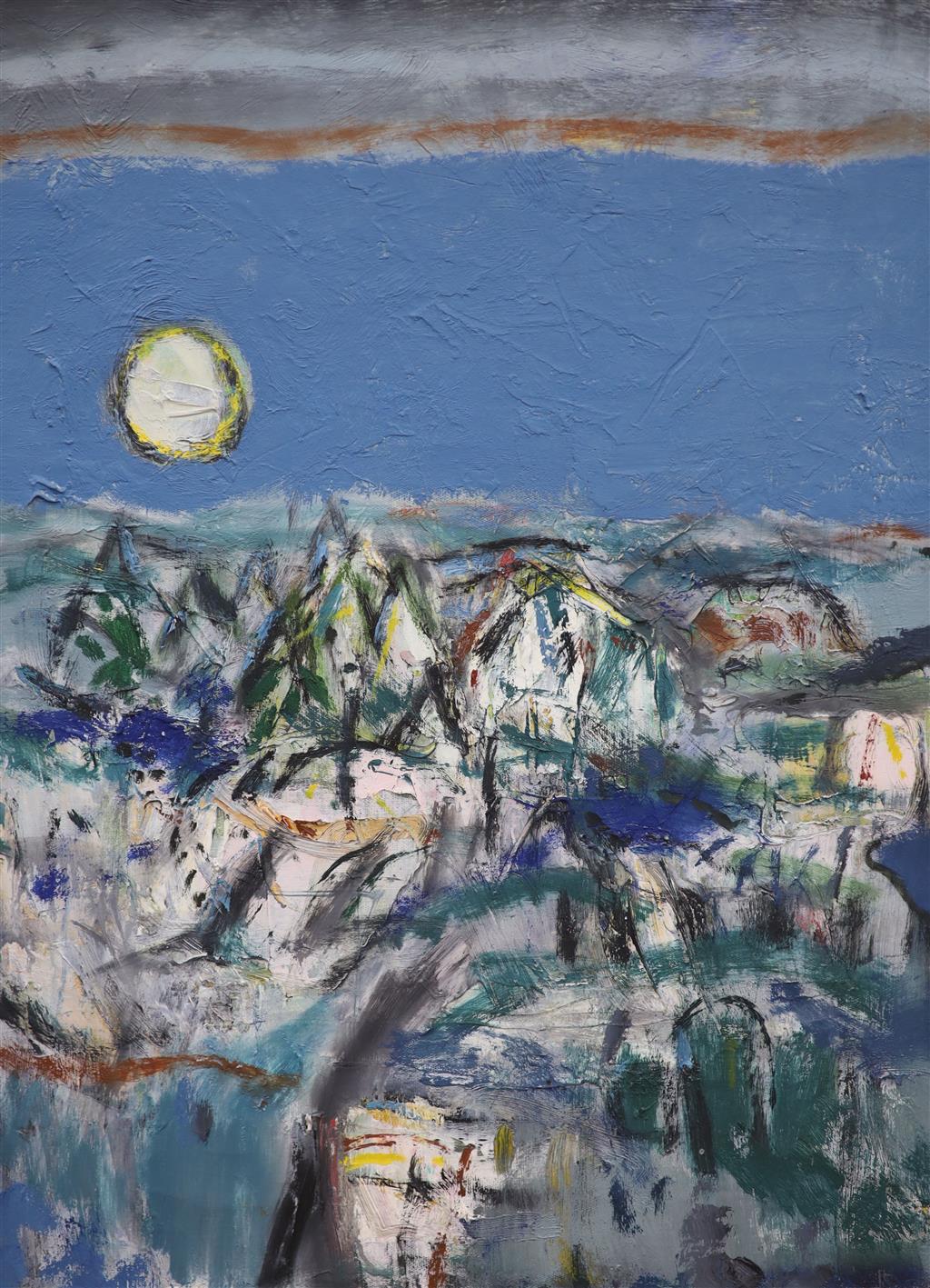 § James Downie Robertson (1931-2010), oil on canvas, Forest and Moon, inscribed verso with artists label, 60 x 45cm